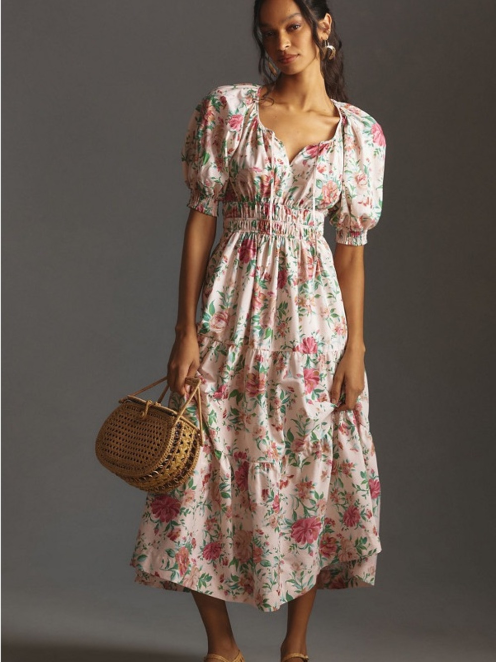 Anthropologie Cream Maxi Dress with Pink and Green Floral Print